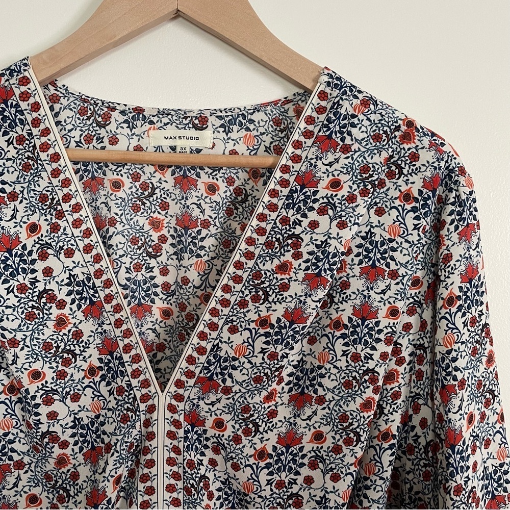 Max Studio BoHo Floral Kimono Tie Waist Top V-Neck Long Sleeve Size X